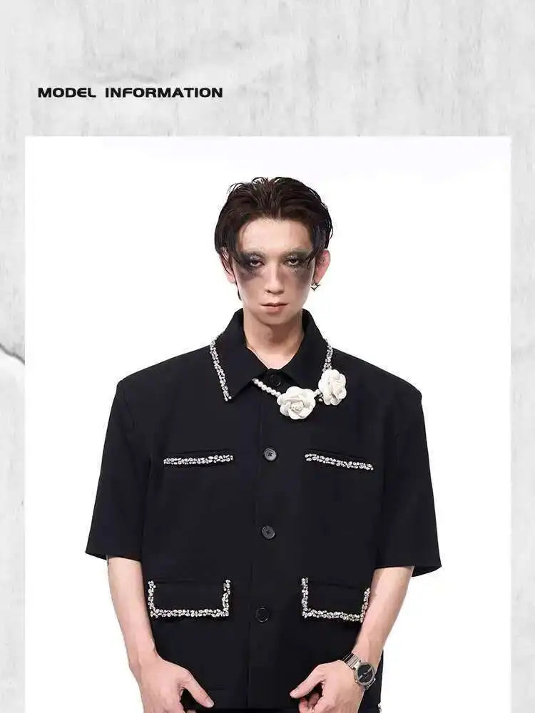 LUZHEN Luxury Elegant Diamond Patchwork Decorate Short Sleeve Big Lapel Shirts Men's 2025 Summer High Quality Casual Tops JY1575