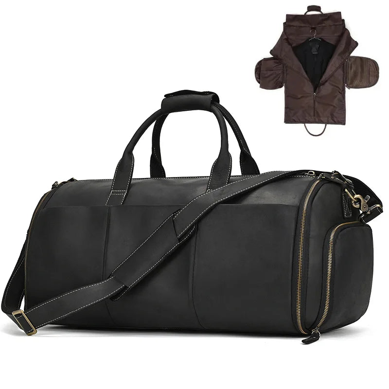 Crazy Horse Leather Folding Suit Bag Man Business Travel Bag With Shoe Pocket Clothes Cover Luggage Duffel Bag Man Bag For Suits