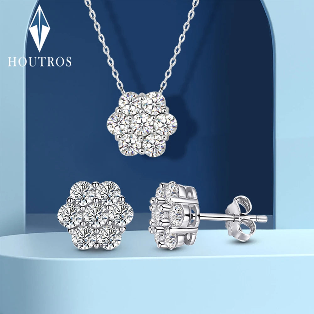 Real D Color Flower Full Moissanite Jewelry Sets for Women 925 Sterling Silver Diamond Pendant Necklace Stud Earrings Jewelry