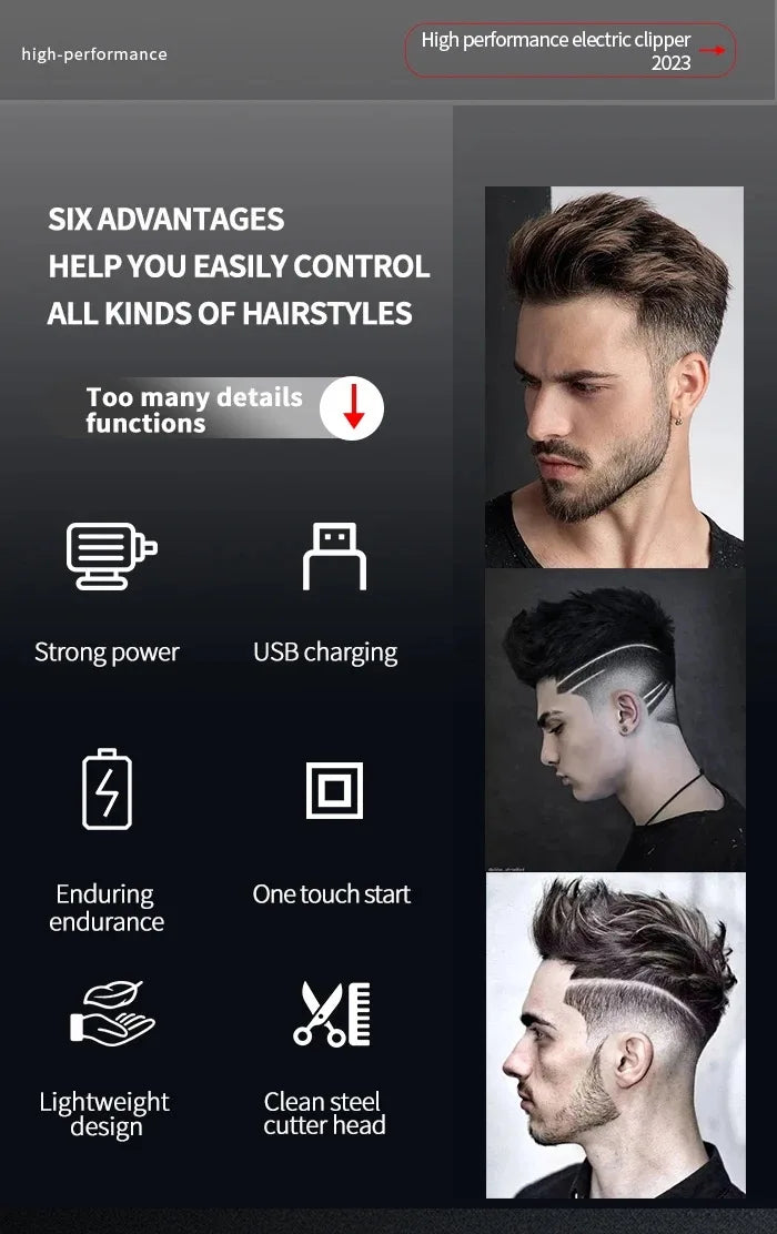 Kemei Professional Barber Hair Clippers USB Rechargeable Cordless Hair Trimmer Powerful Hair Cutting Grooming Machine for Men