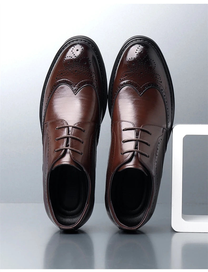 Men's Dress Brogues Elevator Shoes Platform Breathable Casual Business Luxury Genuine Leather Heightening Shoes 6 8CM Taller Man