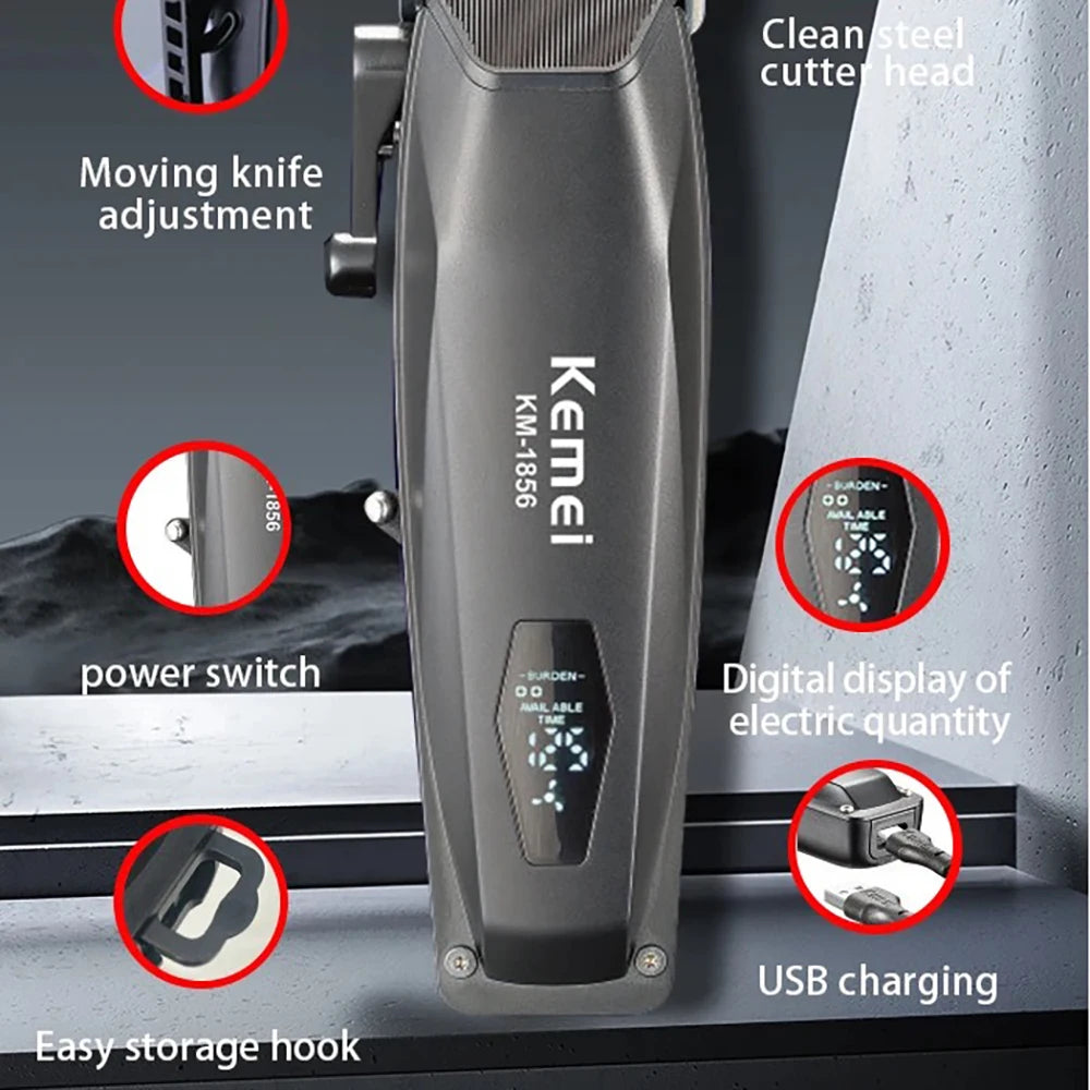 Kemei Professional Barber Hair Clippers USB Rechargeable Cordless Hair Trimmer Powerful Hair Cutting Grooming Machine for Men