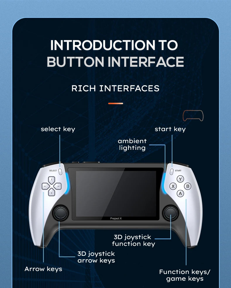 NEW Project X Portable Pocket Video Game Console 128G 40000+ Games 4.3” IPS Screen Support PS1 Retro Gaming Dual Speaker Stereo