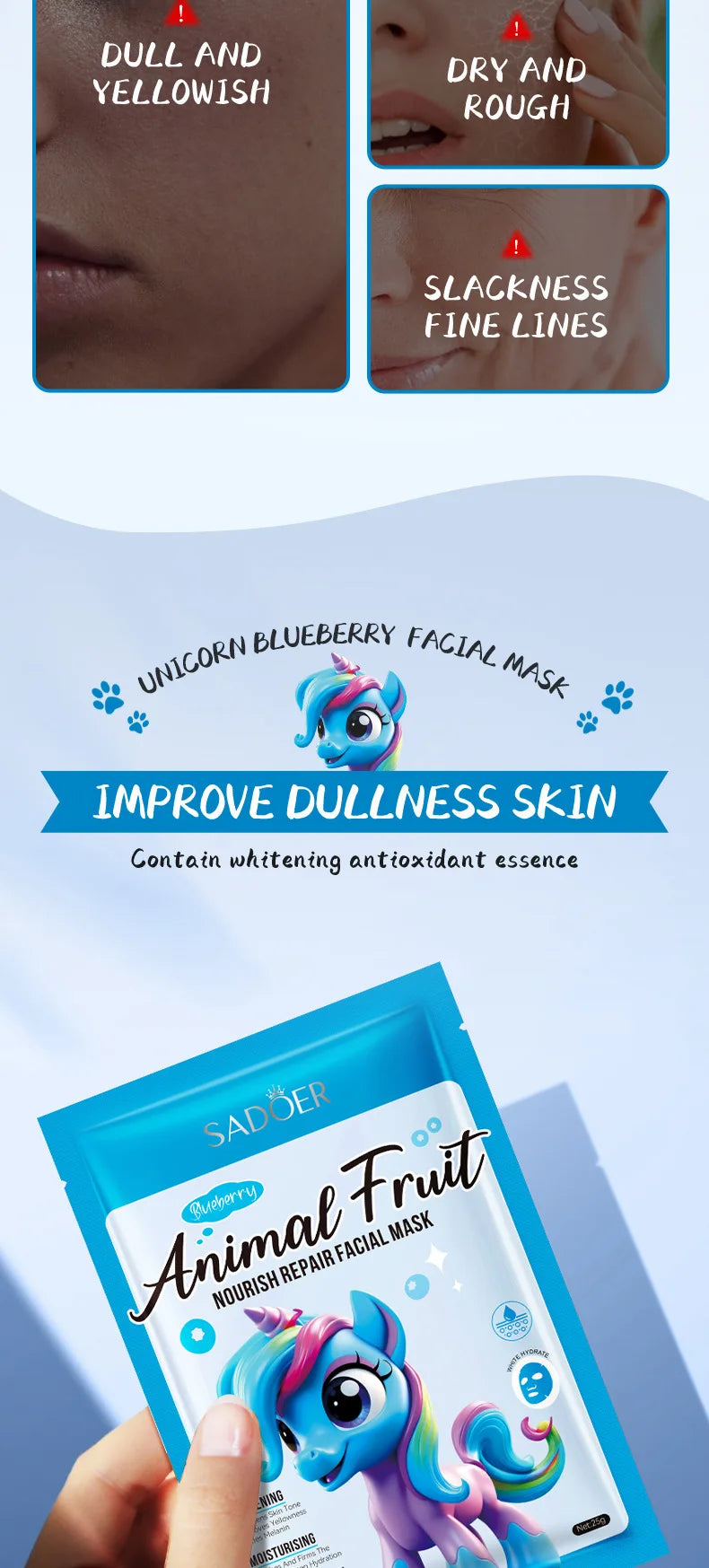 8pcs SADOER  Blueberry Unicorn Fruits Face Mask Moisturizing Brightening Firming Hydrating Facial Masks for Face Skin Care