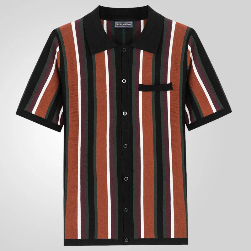 Polo Collar Striped Shirts Knitted Shirt Short Sleeve Single Breasted Casual Shirt Cardigan Loose Fit 2025 Spliced Pockets