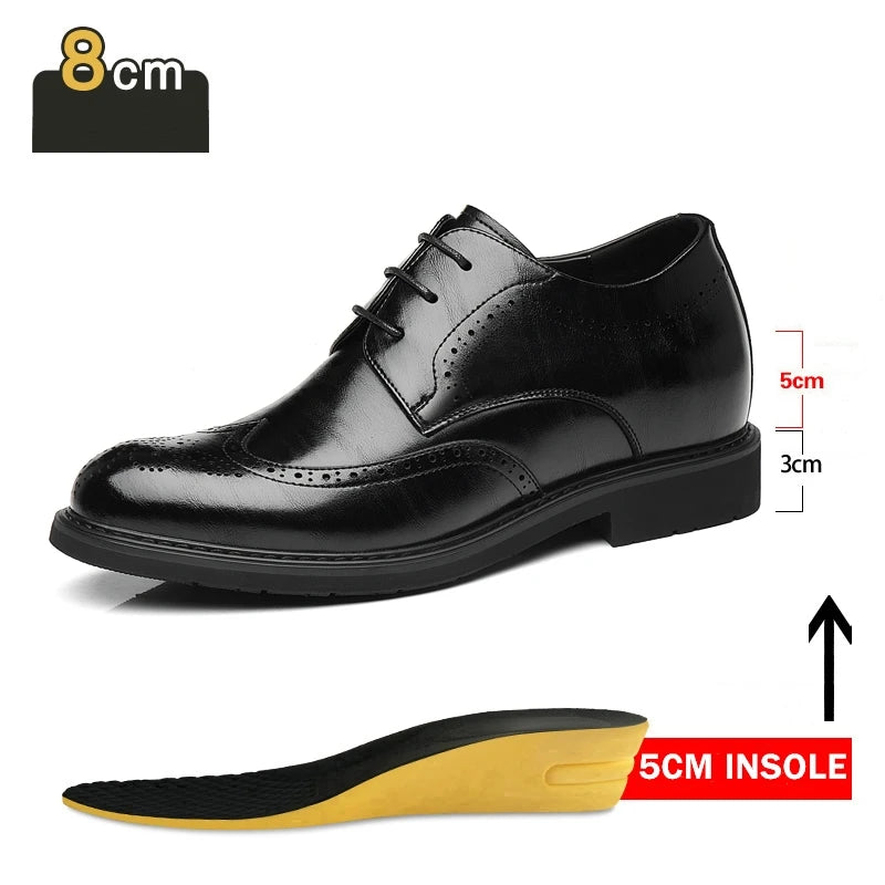 Men's Dress Brogues Elevator Shoes Platform Breathable Casual Business Luxury Genuine Leather Heightening Shoes 6 8CM Taller Man
