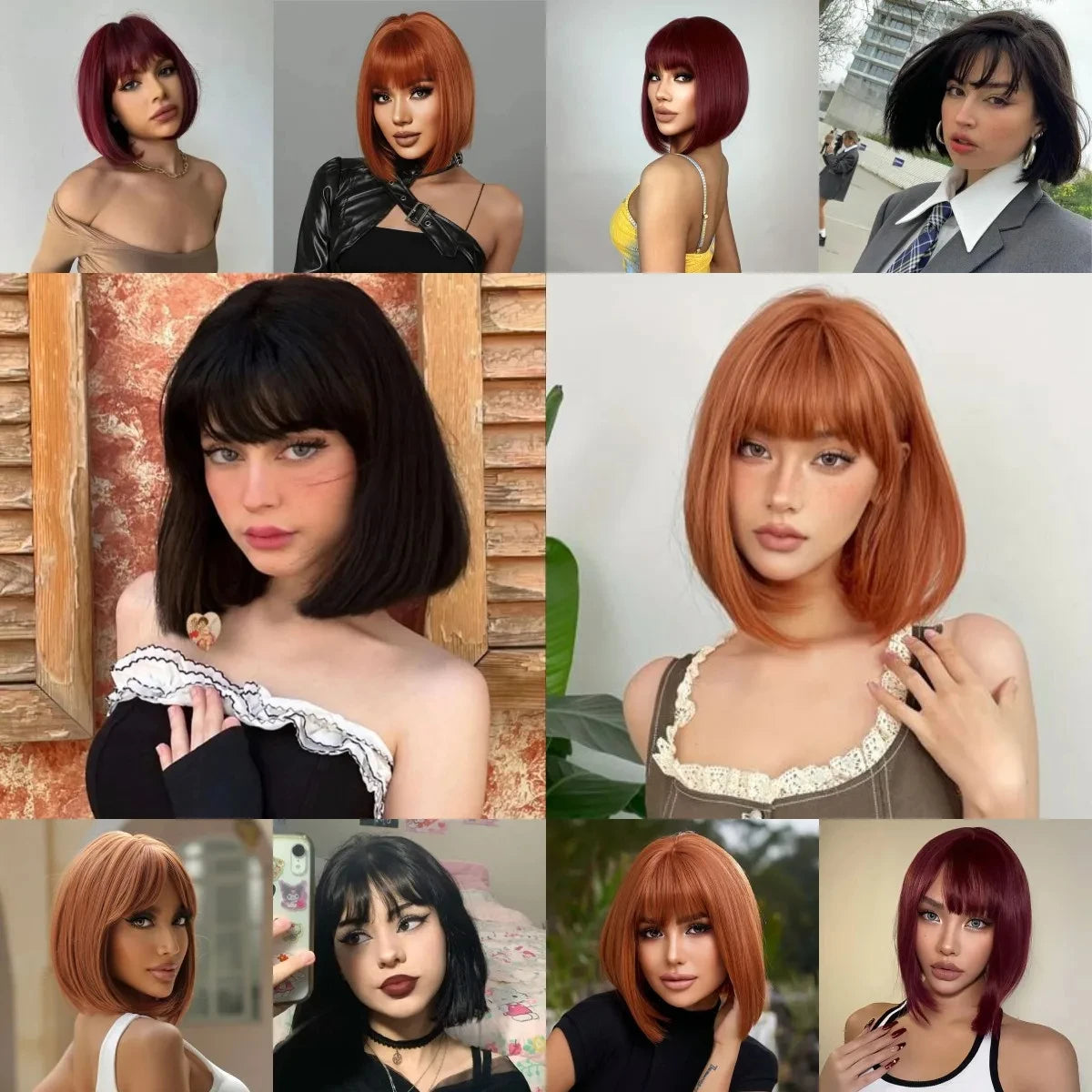 Short straight synthetic wig Ginger Brown Bob wig with straight bangs Ladies Cosplay daily natural high temperature silk wig