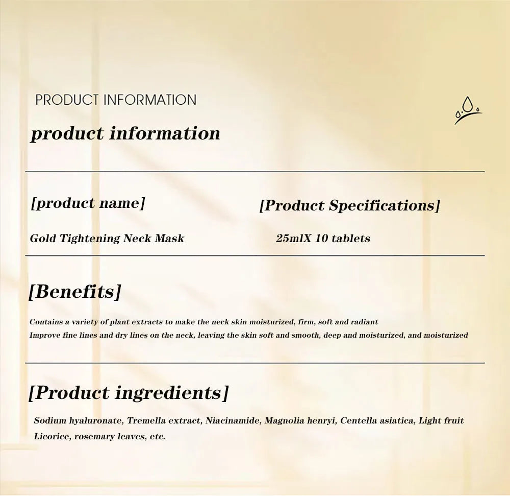 10pcs Gold Firming Neck Mask Moisturizing Nourishing Brightening Hydrating Neck skincare Masks Beauty Necks Skin Care Products