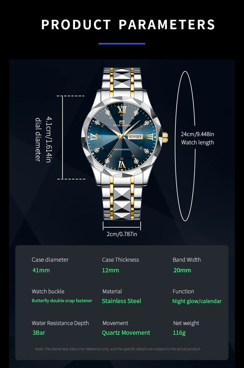 Men Watch Water Diamond Luxury Night Glow Double Calendar Quartz Movement 41mm Blue Gold Stainless Steel Fashion Business Watch