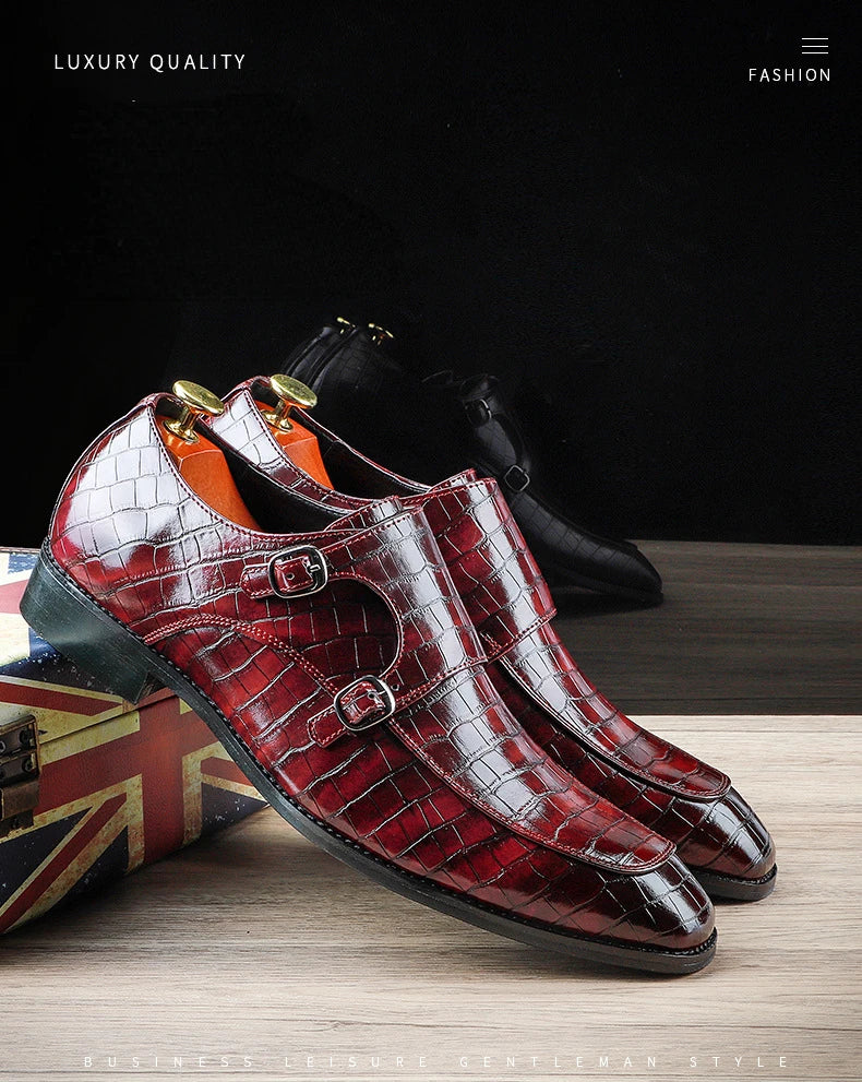 Luxury Men Dress Shoes Crocodile Grain Leather Shoes Men Buckle Casual Wedding Party Shoes High Quality Business Men Brogue Shoe