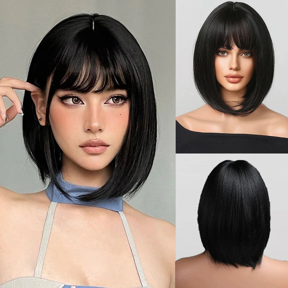 Short Black Brown Synthetic Natural Hair Wigs for Women Bob Straight Wig with Bangs High Temperature Daily Cosplay Party Wigs
