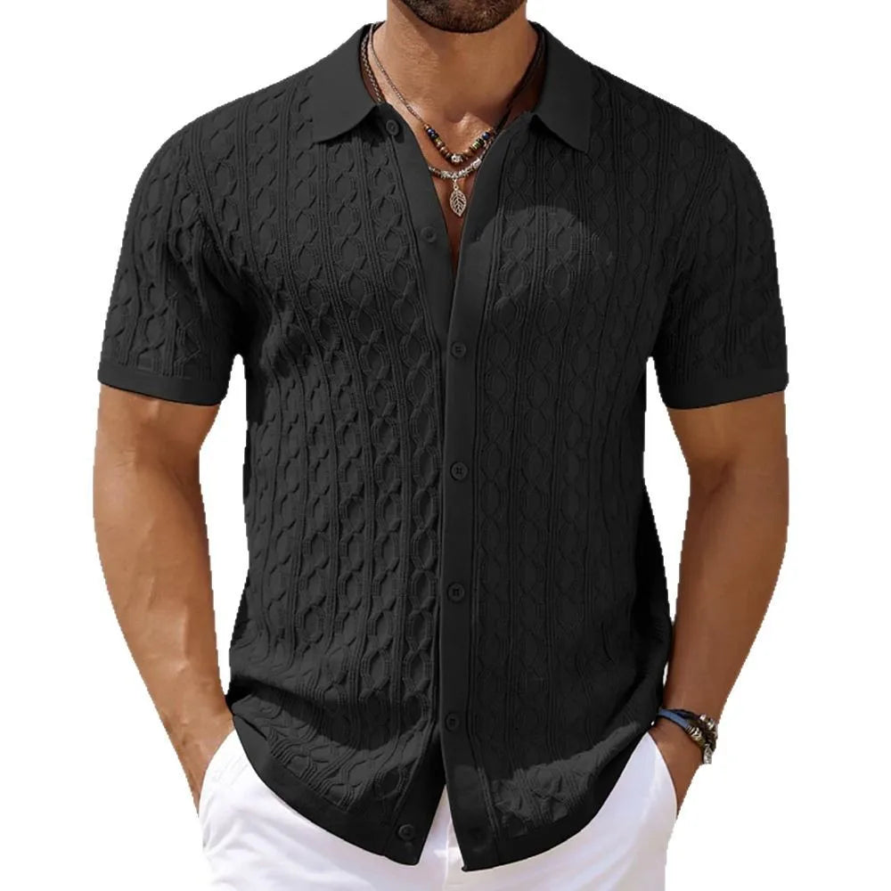 Men Solid Shirt Turn Down Collar Shirt Business Short Sleeve Blouses Knitted Single Breasted Loose Button Summer Cardigan