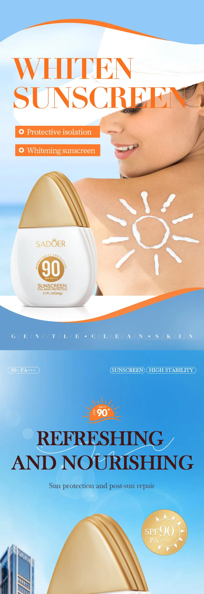 SADOER Spf 90+ Sunscreen for Face Body Sun Block Creams Solar Blocker Refreshing Non Greasy UV Resistant Facial Sunscreen
