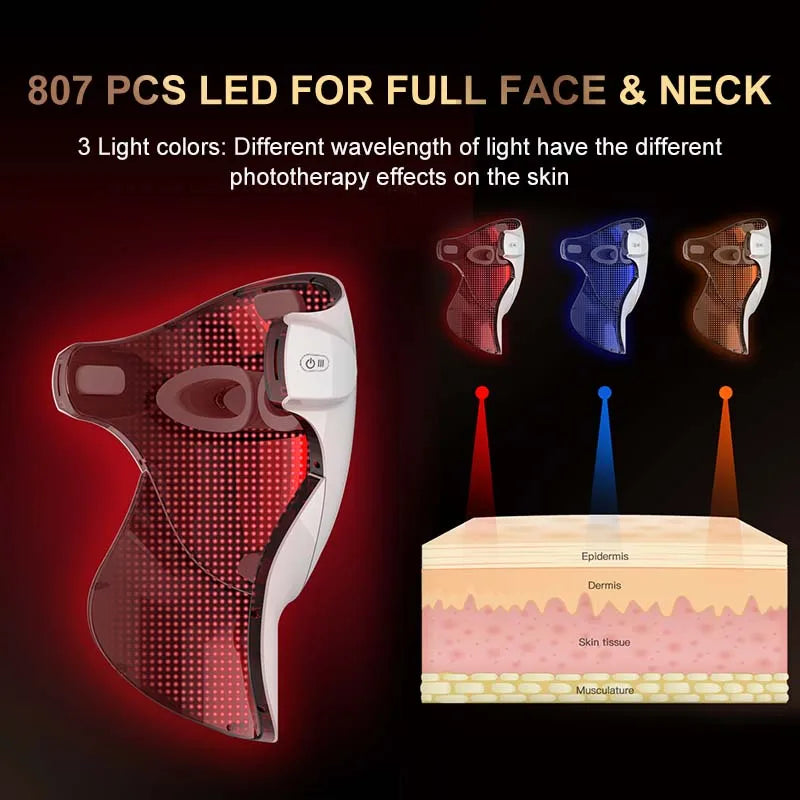 807 Nano Lamp LED Facial Mask With LED Light Therapy 3 Color Red Light Therapy Anti-Aging Mask Full Face With Neck Beauty Health