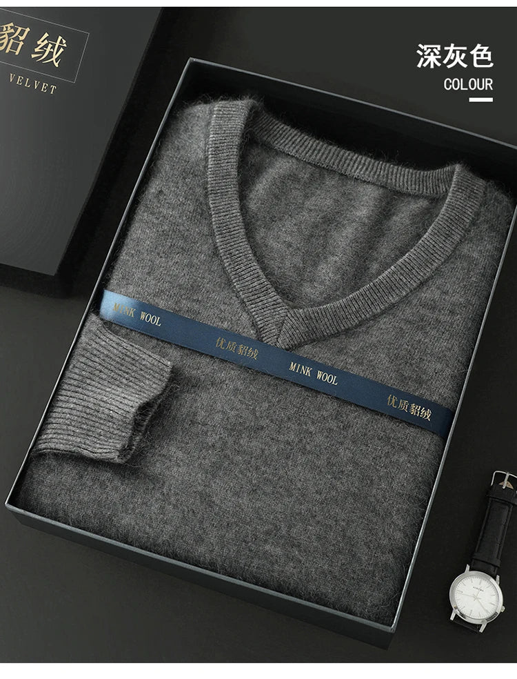 100% Pure Mink Cashmere Knitted Pullover Men's V-Neck Loose Large size Sweater Business Casual Warm Thick Bottoming Shirt Autumn