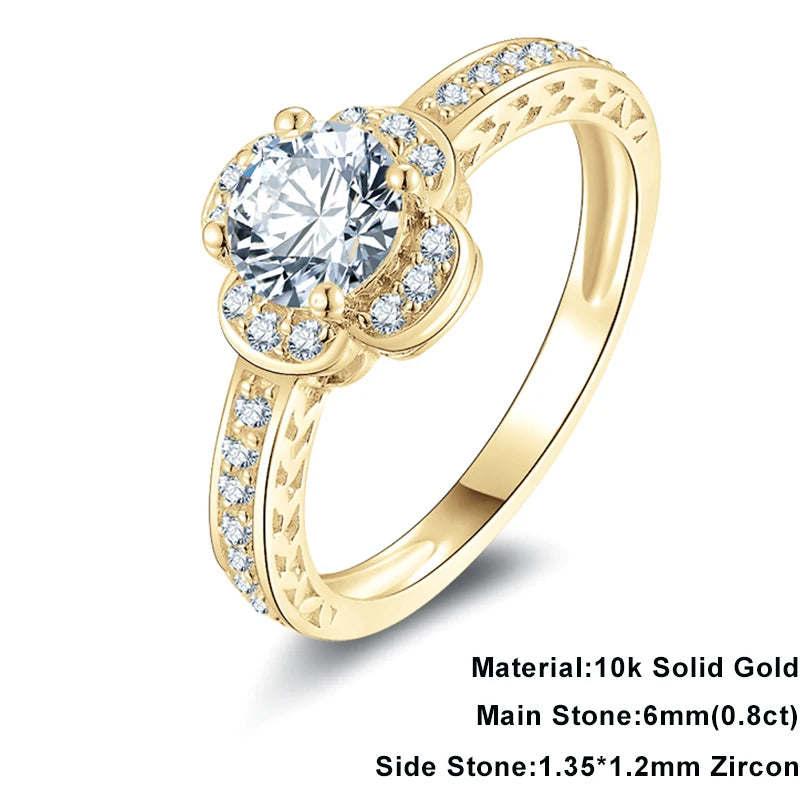 Lnngy 10K Solid Gold Flower Shape Rings Certified 0.8ct Round Cut Moissanite Wedding Ring for Women Romantic Dazzling Jewelry