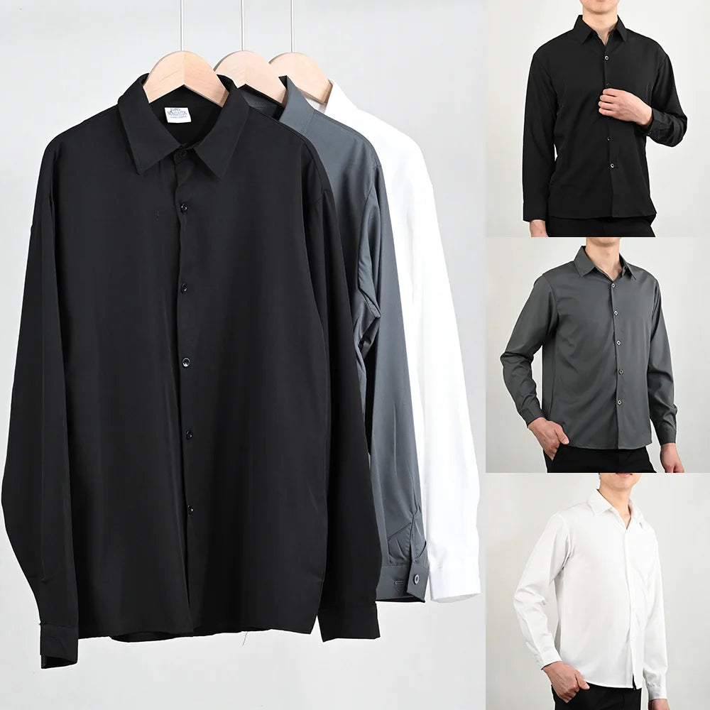 Summer Men's Shirt Long Sleeve Loose-fit Ice Silk Black White Gray Shirts Men Korean Style Casual Thin Top Male Fashion Clothes