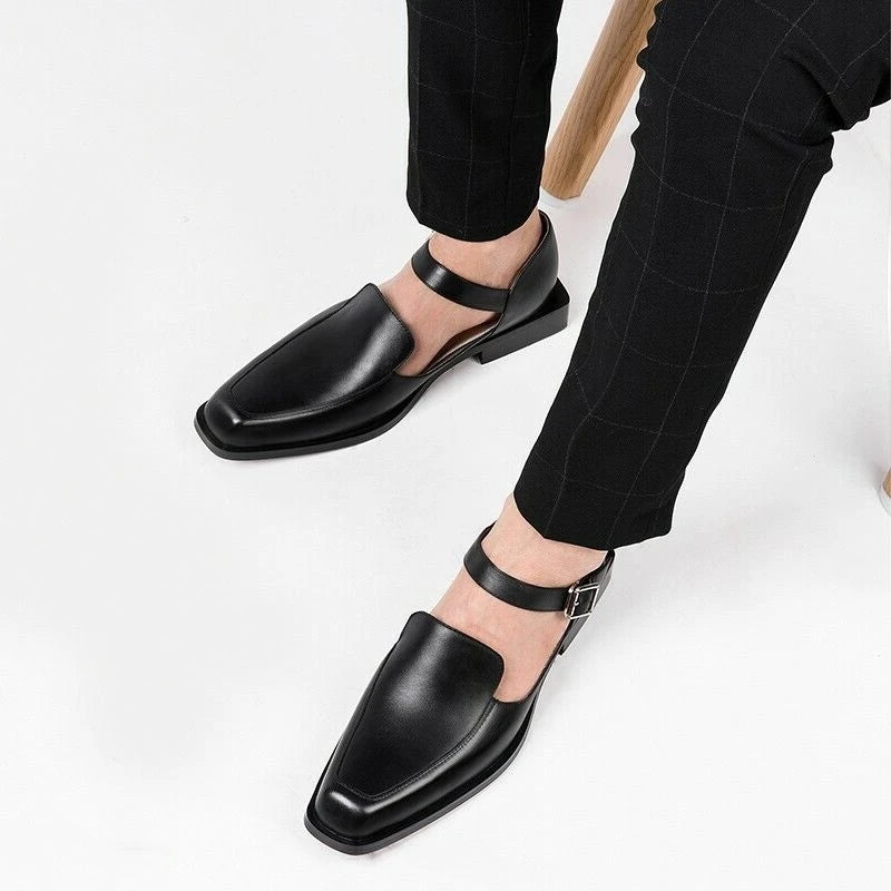New Black Men's Summer Sandals Pu Leather Buckle Strap Dress Shoes for Men with  Business Formal Shoes Men