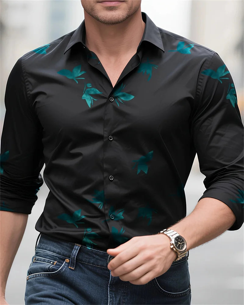 New Men's Black Shirt 3D Printed Fit Button Evening Dress Casual Sports Shirt Fashion Comfortable Long Sleeves