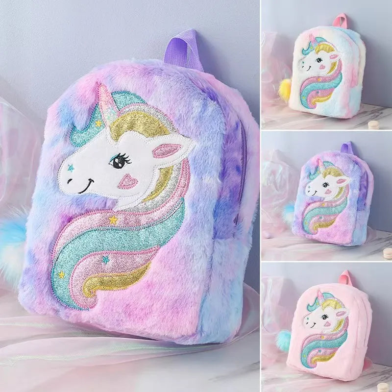 Kids Backpack Kids School Bag Fashion Large Capacity Children Girls Unicorn Plush Tie-Dye Bag Mochila