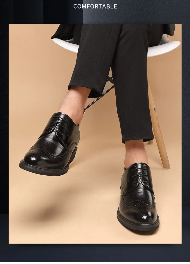 Men's Dress Brogues Elevator Shoes Platform Breathable Casual Business Luxury Genuine Leather Heightening Shoes 6 8CM Taller Man