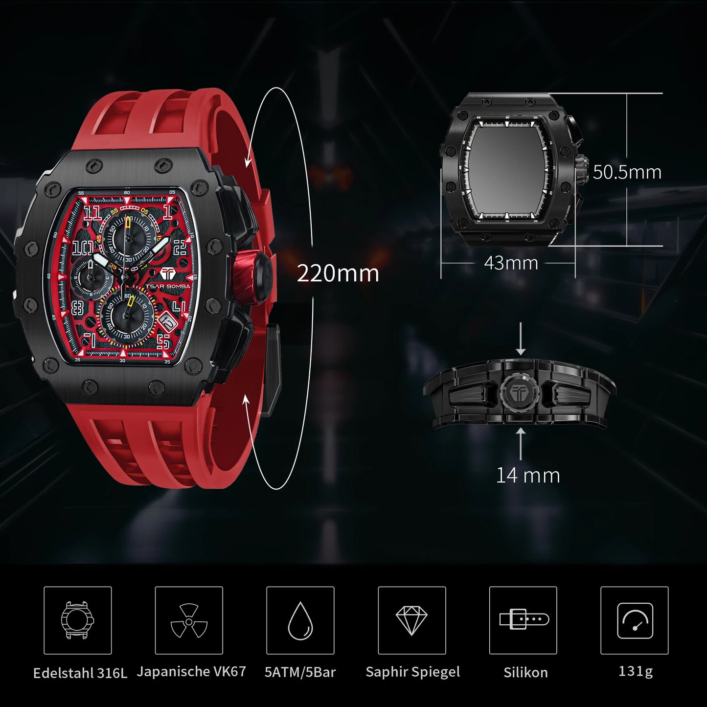 TSAR BOMBA Tonneau Watches for Men Sapphire Quartz Wristwatch Fashion Timepiece 5ATM Waterproof Clock Luxury Mens Watch