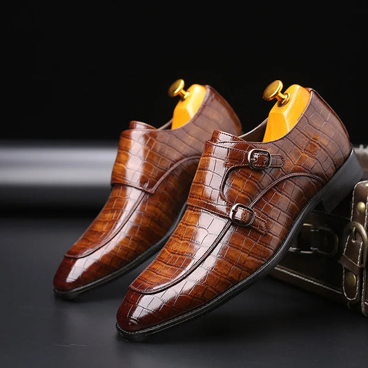 Luxury Men Dress Shoes Crocodile Grain Leather Shoes Men Buckle Casual Wedding Party Shoes High Quality Business Men Brogue Shoe
