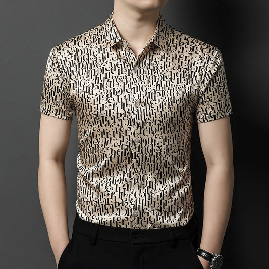 Mulberry Silk 100% Print Dress Men Shirt Short Sleeve Casual Icy Summer Quality Smooth Comfortable Regular Fit Camisas De Hombre