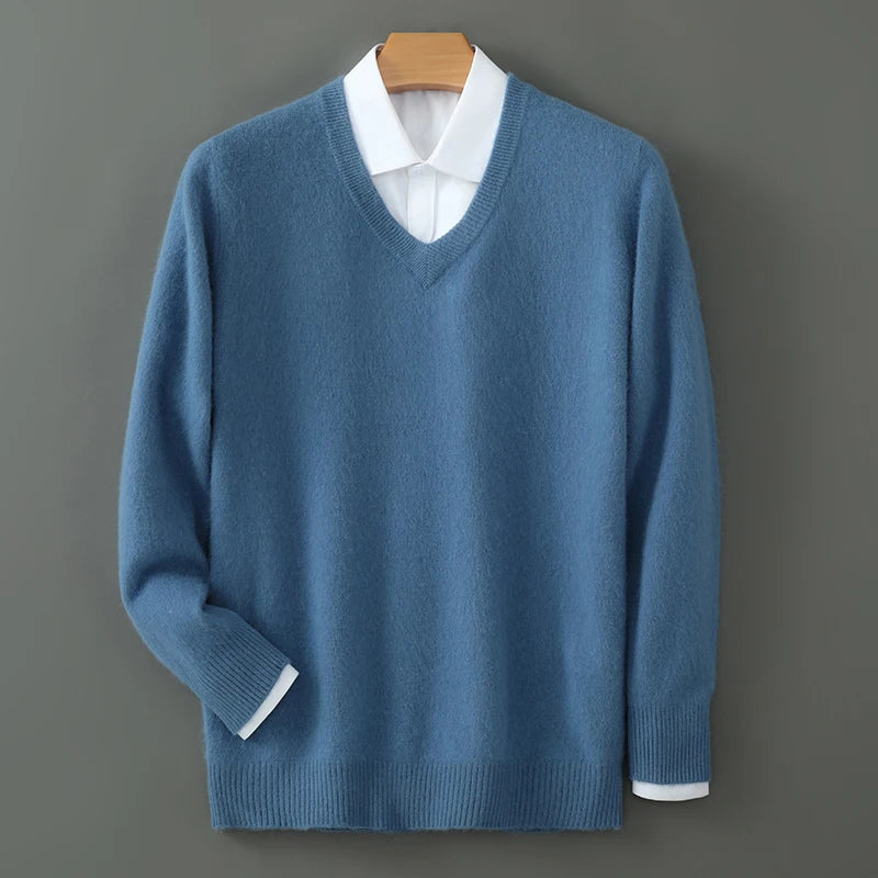 100% Pure Mink Cashmere Knitted Pullover Men's V-Neck Loose Large size Sweater Business Casual Warm Thick Bottoming Shirt Autumn