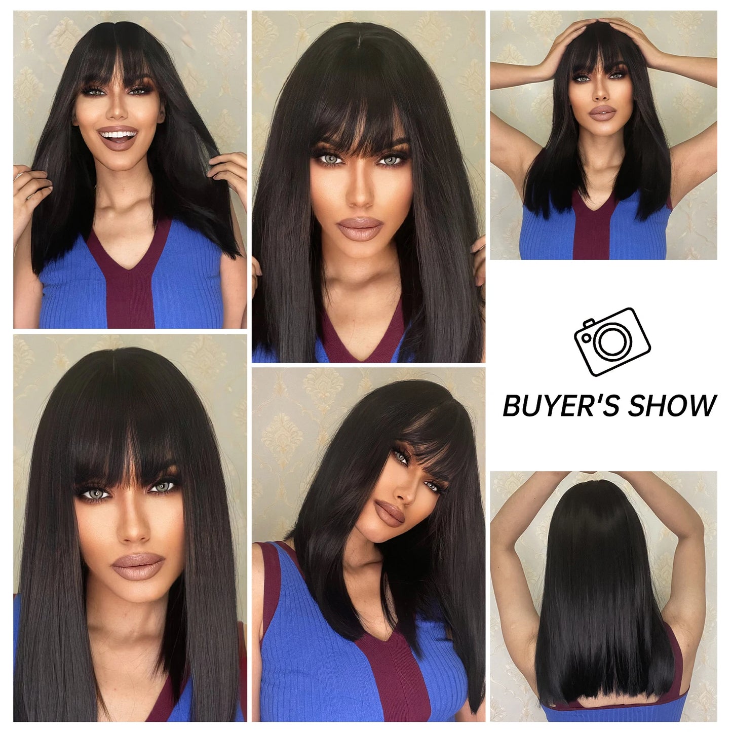 Straight Black Bob Synthetic Wig with Bangs Medium Long Cosplay Layered Wigs for Woman Natural Hair Daily Wig Heat Resistant