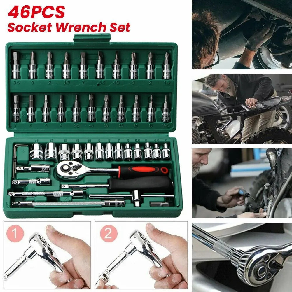 46pc 1/4 inch Drive Ratchet Socket Set Wrench Set with Sockets Metric Hex Bit Socket Set Repair Handing Tool Kits for Home Auto