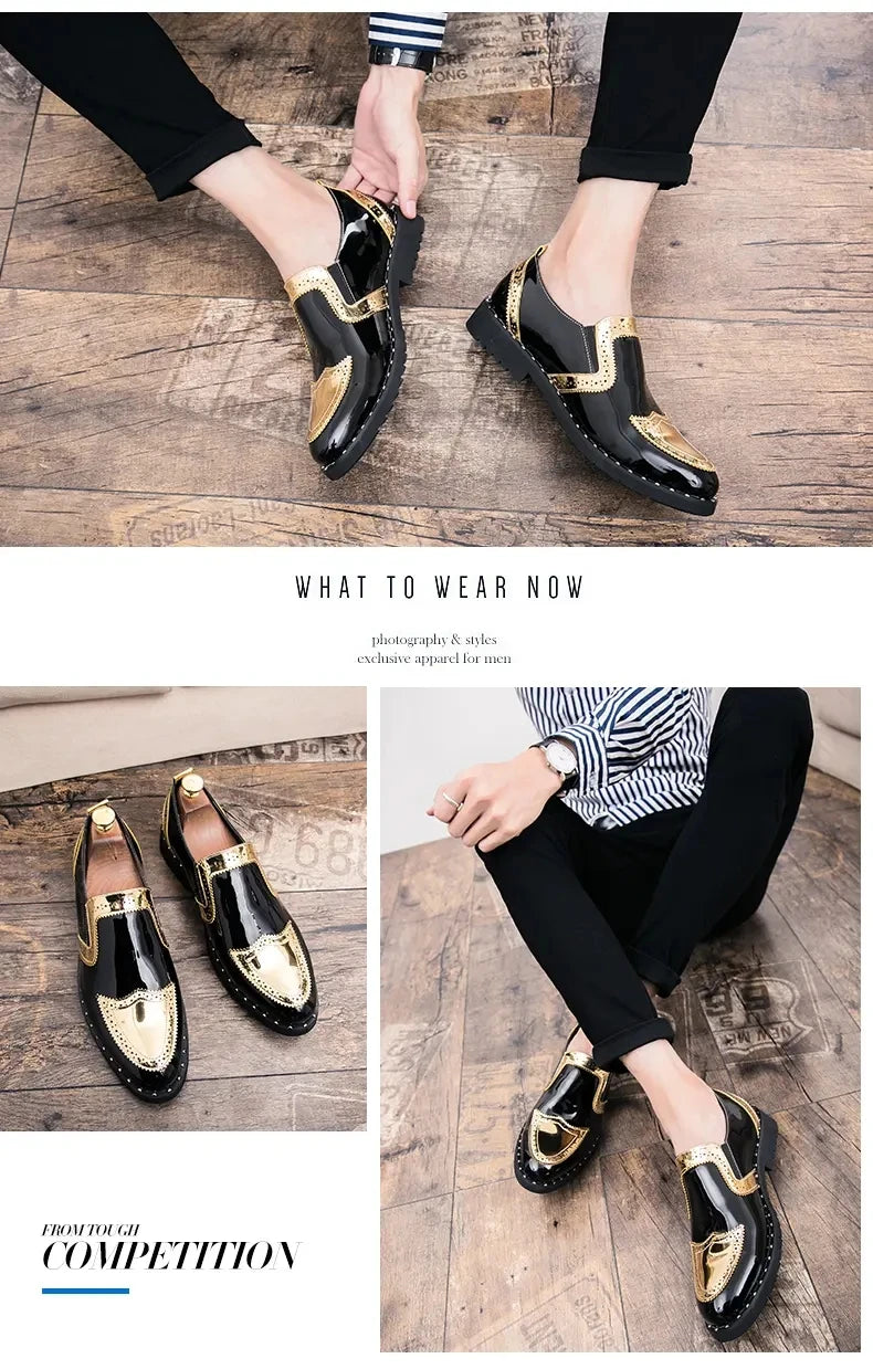 Fashionable Formal Men Shoes Lightweight Outdoor Loafers Thick Soled Wear-resistant Leather Shoes Black Gold andSilverSizes38-48