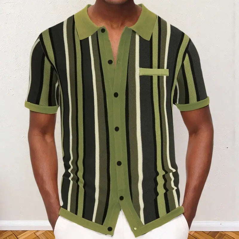Polo Collar Striped Shirts Knitted Shirt Short Sleeve Single Breasted Casual Shirt Cardigan Loose Fit 2025 Spliced Pockets