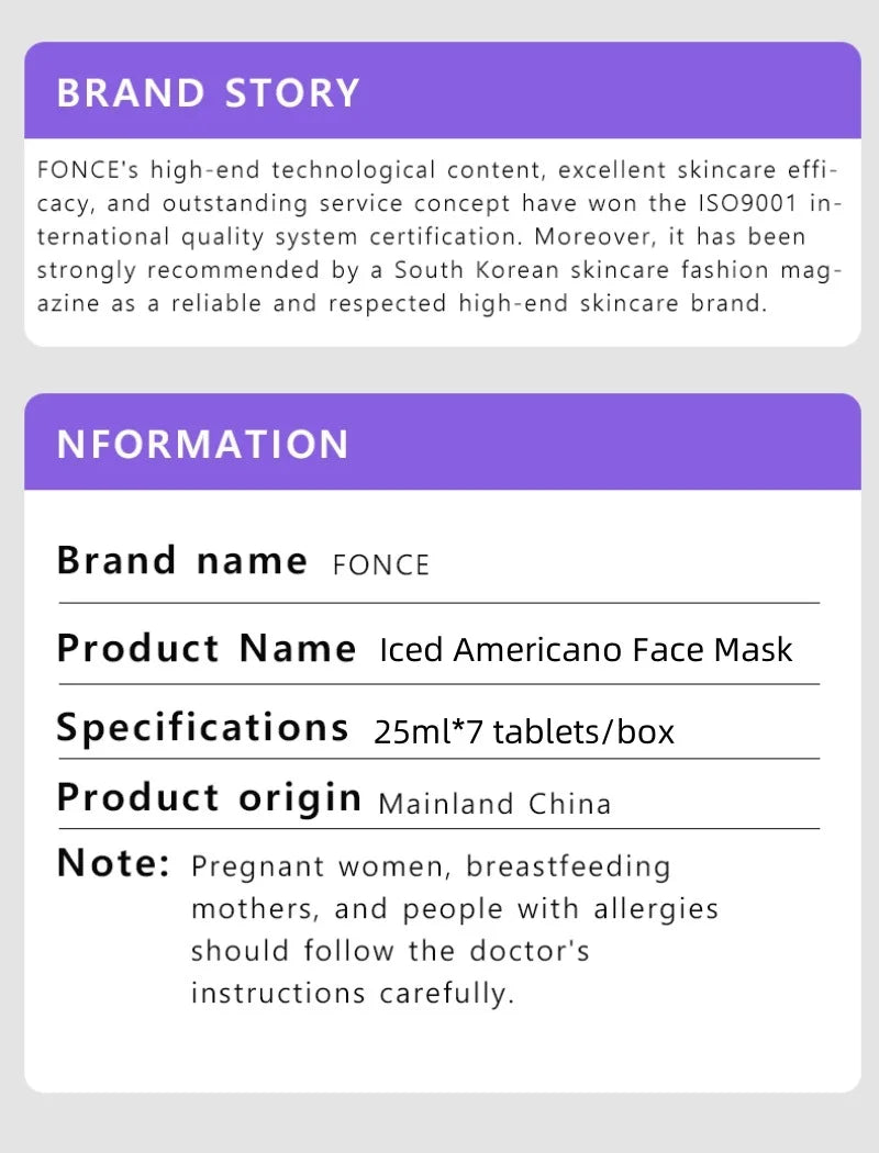 FONCE Iced Americano Face Mask  - Instant Refresh & Hydration (Perfect for Summer)