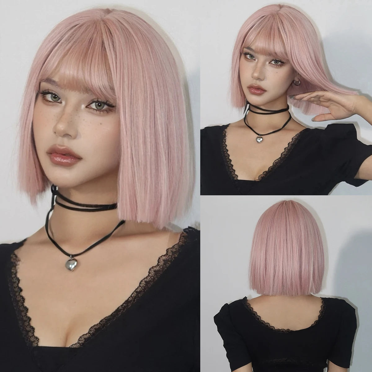 Short Black Brown Synthetic Natural Hair Wigs for Women Bob Straight Wig with Bangs High Temperature Daily Cosplay Party Wigs