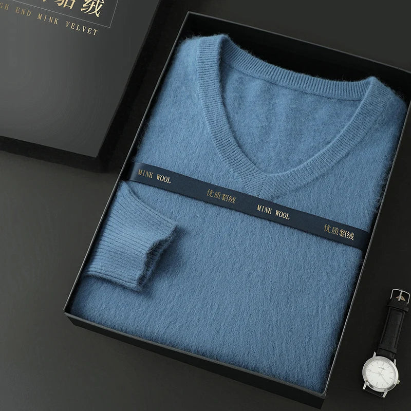 100% Pure Mink Cashmere Knitted Pullover Men's V-Neck Loose Large size Sweater Business Casual Warm Thick Bottoming Shirt Autumn