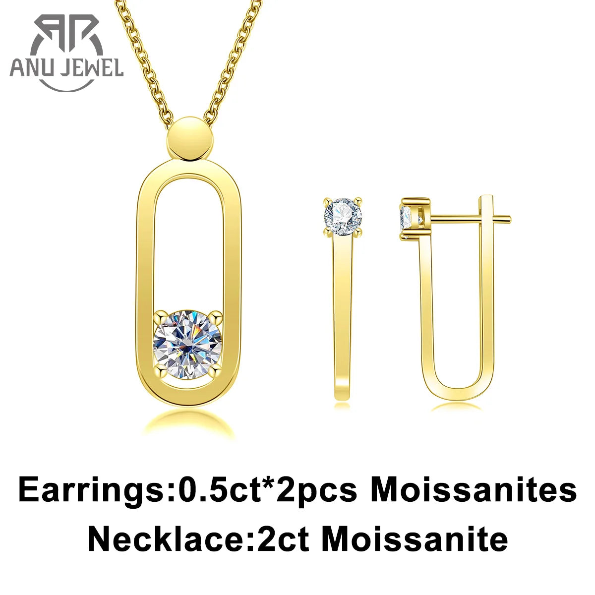 AnuJewel 2ct D Color Moissanite Pin Necklace Yellow Gold Plated Moissanite Pin Earrings Wedding Jewelry Set Gifts For Women