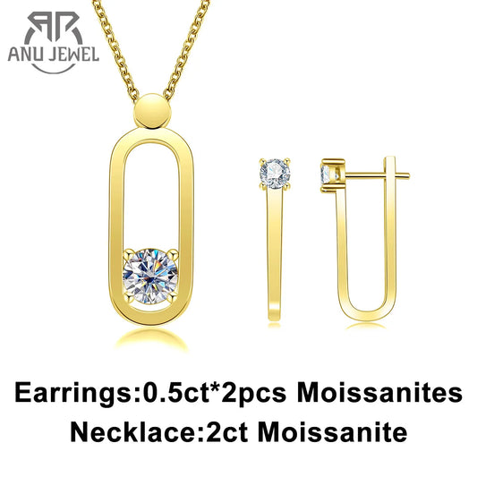 AnuJewel 2ct D Color Moissanite Pin Necklace Yellow Gold Plated Moissanite Pin Earrings Wedding Jewelry Set Gifts For Women