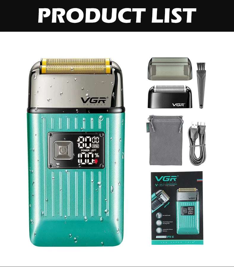 VGR Professional Hair Beard Electric Shaver For Men Beard Trimmer Wet Dry Shaving Machine Digital Display Shaver For Men V-357