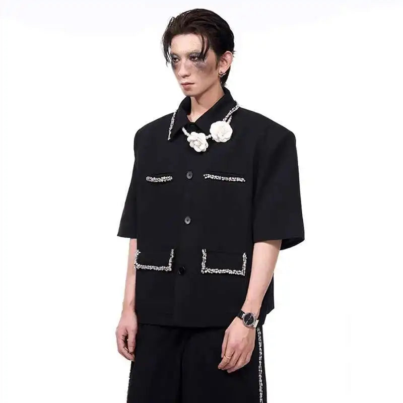 LUZHEN Luxury Elegant Diamond Patchwork Decorate Short Sleeve Big Lapel Shirts Men's 2025 Summer High Quality Casual Tops JY1575