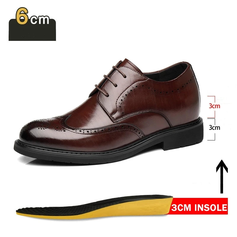Men's Dress Brogues Elevator Shoes Platform Breathable Casual Business Luxury Genuine Leather Heightening Shoes 6 8CM Taller Man