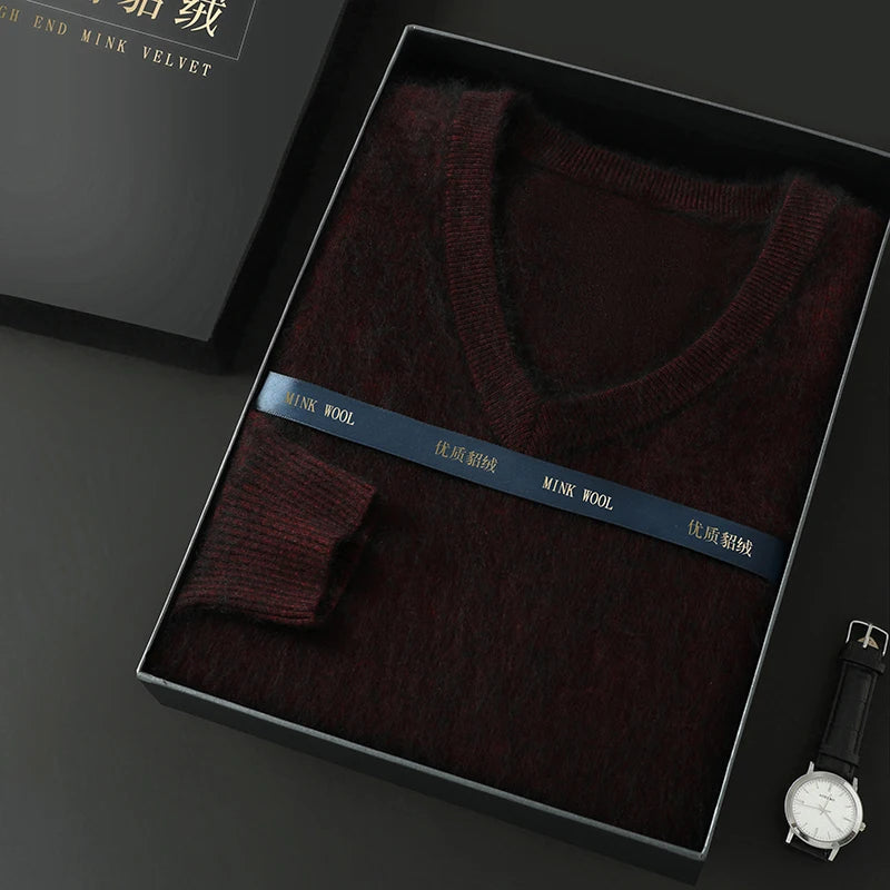 100% Pure Mink Cashmere Knitted Pullover Men's V-Neck Loose Large size Sweater Business Casual Warm Thick Bottoming Shirt Autumn