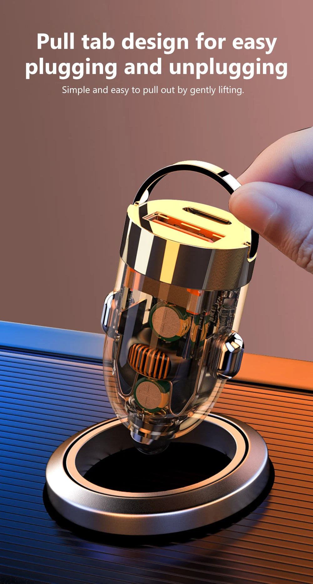 120W Transparent Invisible Pull Ring Car Charger USB Type C Fast Charging QC3.0 PD Phone Charger for iPhone Xiaomi Samsung