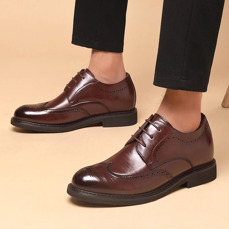Men's Dress Brogues Elevator Shoes Platform Breathable Casual Business Luxury Genuine Leather Heightening Shoes 6 8CM Taller Man