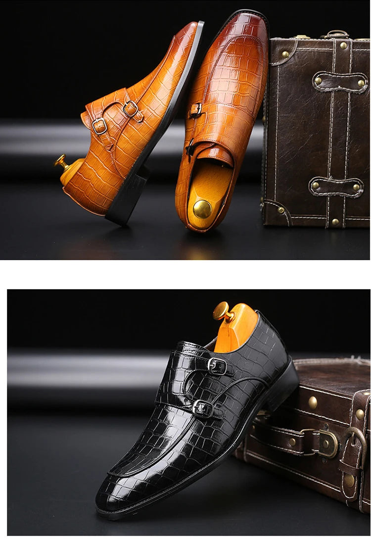 Luxury Men Dress Shoes Crocodile Grain Leather Shoes Men Buckle Casual Wedding Party Shoes High Quality Business Men Brogue Shoe