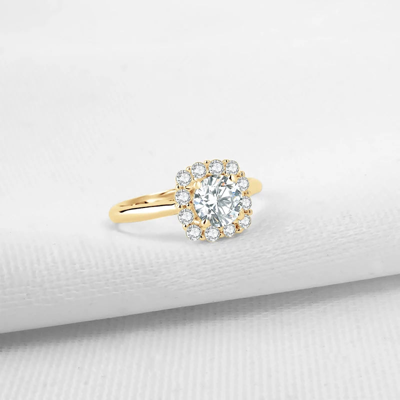 Lnngy Pure 10K Yellow Gold Rings Round Cut 6mm 0.8ct Moissanite Halo Engagement Ring for Women Ladies Charm Jewelry Gift
