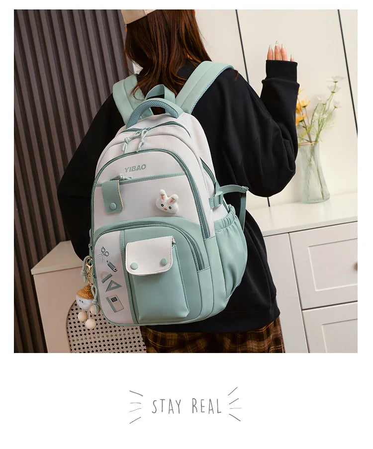 Cute rabbit children school backpack for teenage girls Fashionable splicing color contrast fresh lady knapsack kids schoolbags