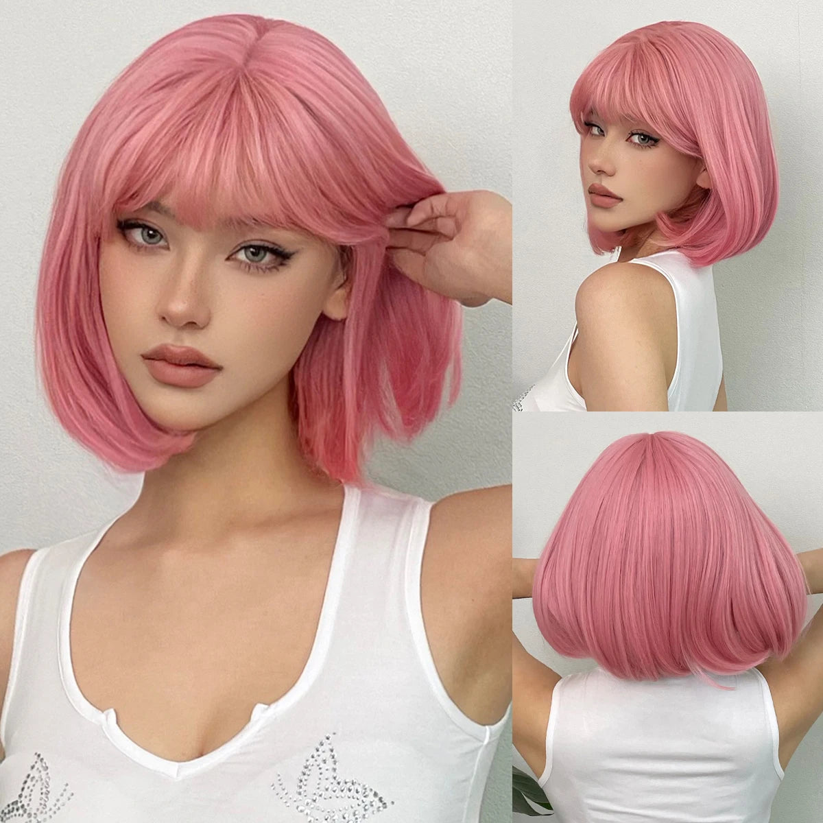 Short Black Brown Synthetic Natural Hair Wigs for Women Bob Straight Wig with Bangs High Temperature Daily Cosplay Party Wigs
