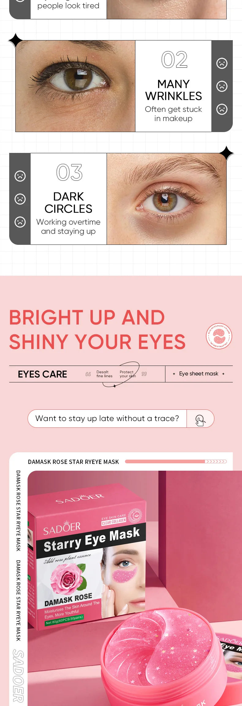 60pcs SADOER Rose Starry Collagen Eye Mask Anti Dark Circles Remove Eyes Bags Moisturizing Firming Eye Patches Eyes Skin Care