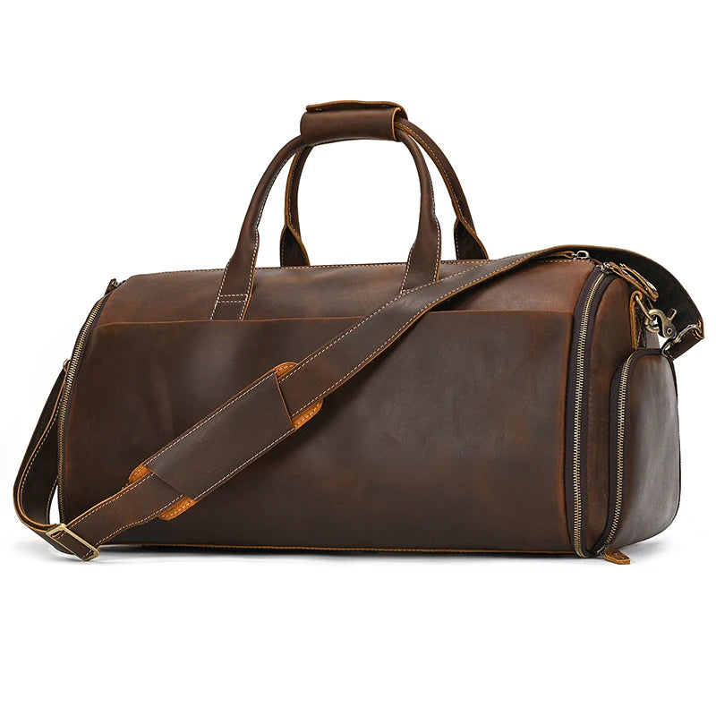Crazy Horse Leather Folding Suit Bag Man Business Travel Bag With Shoe Pocket Clothes Cover Luggage Duffel Bag Man Bag For Suits